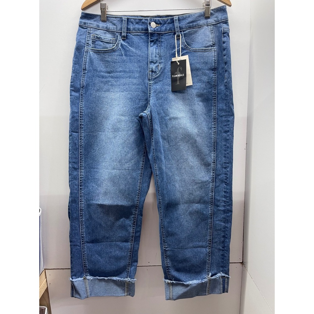 Flamingals Womens XL Medium Wash Cropped Cuffed Straight Leg Jeans NWT